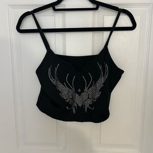Black cropped tank top with rhinestones